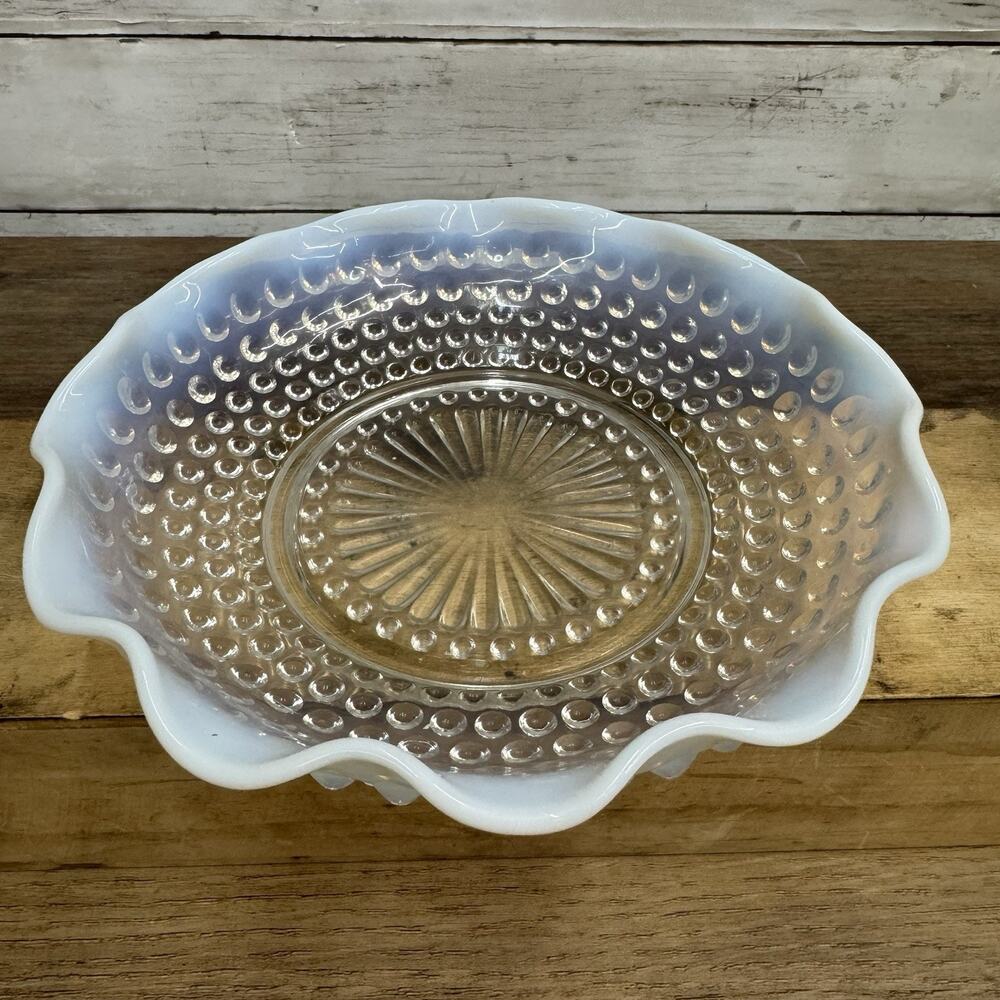 Vtg. Anchor Hocking Fenton Moonstone White Hobnail MCM Glass Bowl Serving Dish